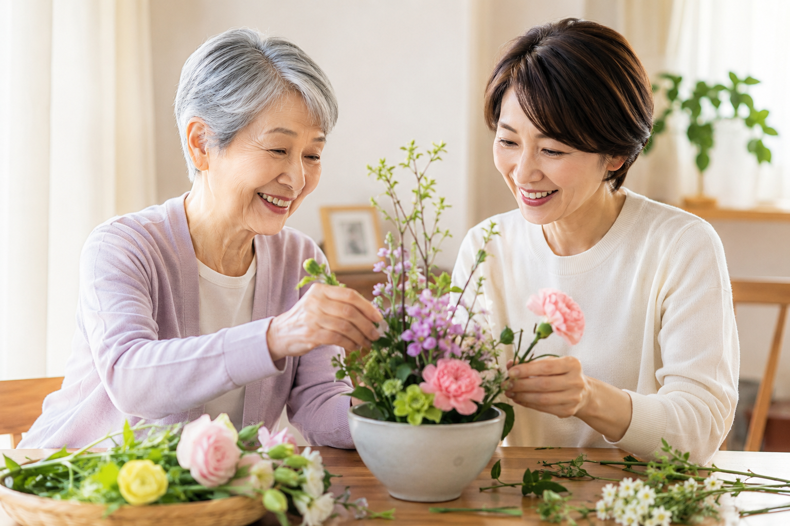 老親と一緒に花を生けてメンタルケア